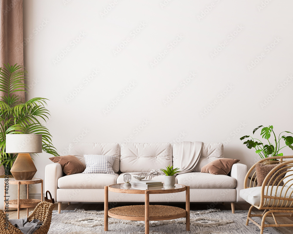 farmhouse interior living room, empty wall  mockup in white room with wooden furniture and lots of  green plants, 3d render - obrazy, fototapety, plakaty 