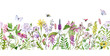 Watercolor seamless border with wildflowers, bumble bees, butterflies and lady bugs. Filed flowers header.