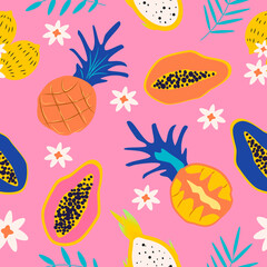Wall Mural - vector seamless pattern with papaya fruits, pineapple, dragon fruit and palm leaves. bright pattern in a flat style for printing onto fabric, wrapping paper. summer tropical background