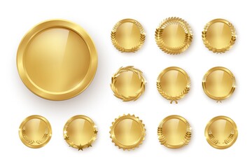 award golden blank medals 3d realistic illustration. first place medals with laurel leaves. certifie