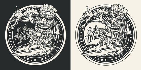 Wall Mural - Surfing vintage monochrome round label