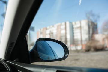 Wall Mural - Rearview mirror, view from the car. Car door mirror.