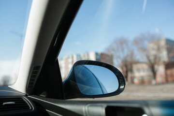 Wall Mural - Rearview mirror, view from the car. Car door mirror.