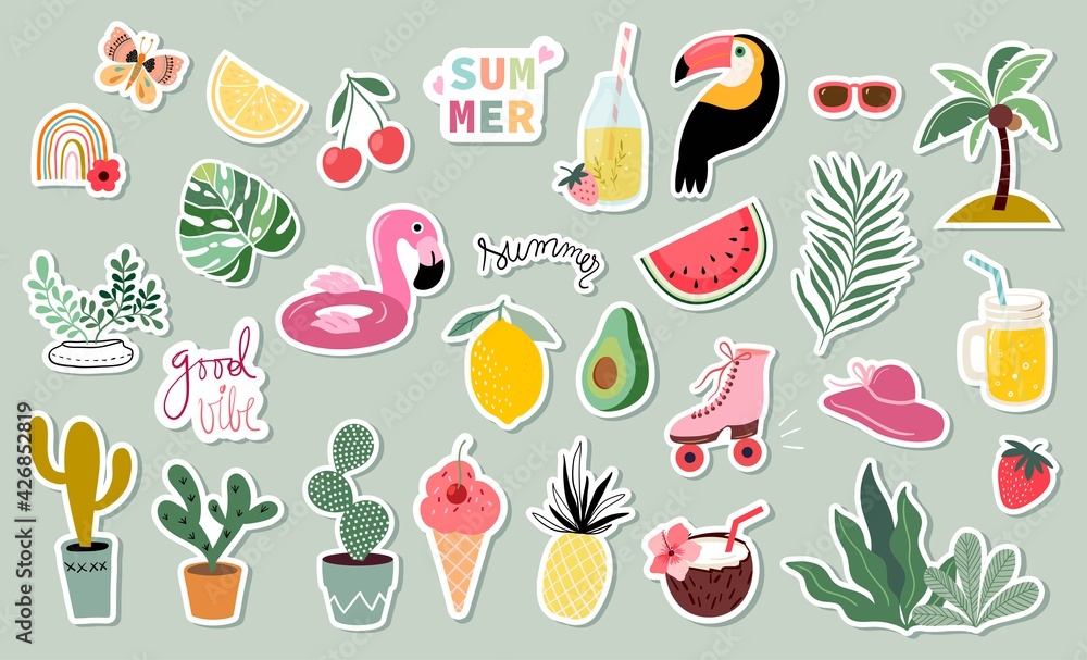 Summer stickers collection with different seasonal elements - obrazy, fototapety, plakaty 