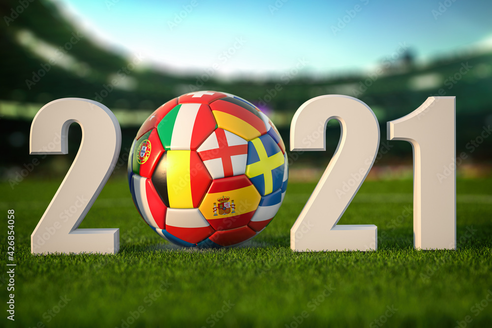 Euro 2021. Soccer Football ball with flags of european countries on the grass of football stadium. - obrazy, fototapety, plakaty 