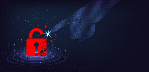 Fototapete - Cyber attack concept.Padlock red destroyed on dark blue background.Cyber crime vector illustration.Attack and information leak concept.