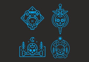 Wall Mural - Bright blue of skull line art badge illustration in dark background