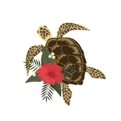 Wall Mural - Vector image of a turtle with hibiscus flower and palm leaves.