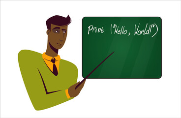 Cute adult Pakistani teacher on the background of the chalkboard points with a pointer to the phrase Hello world. Programming lesson basics. Vector illustration isolated on white background.