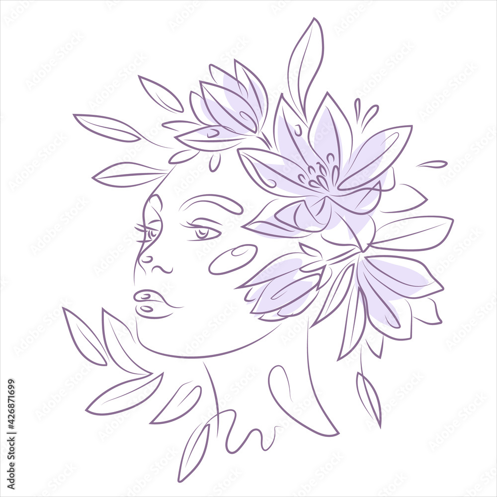 Woman face with flowers line drawing. Flower bouquet in woman head ...