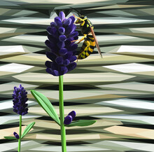 Geometrical, Low Poly, Illustration Of A Yellow And Black Wasp On A Lavender Flower With A Woven Basket Background