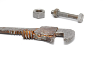 Wrenches covered in rust on white background close up
