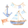 Cute watercolor elements on a marine theme - anchor with a rope, sailboat, various flags in beige and blue for design, decor, stickers, decor and scrapbooking.