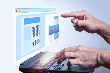 web designer, application developer, creative planning pointing at a screen with a 3d template to cr
