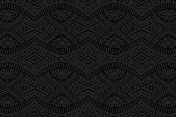 Geometric volumetric convex black background. Ethnic African, Mexican, Indian motives. Doodling style. 3D relief figured horizontal pattern.