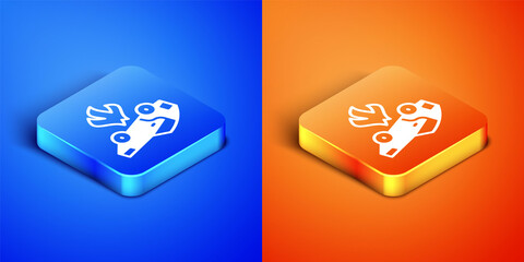 Sticker - Isometric Burning car icon isolated on blue and orange background. Car on fire. Broken auto covered with fire and smoke. Square button. Vector