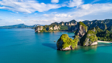 Wall Mural - Railay beach in Thailand, Krabi province, aerial view of tropical Railay and Pranang beaches and coastline of Andaman sea from above