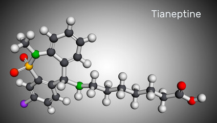 Sticker - Tianeptine molecule. It is tricyclic antidepressant TCA. Molecular model. 3D rendering