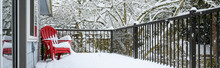 Winter Storm, Residential Deck Covered In Fresh Snow In A Winter Wonderland
