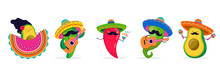 Cinco De Mayo - May 5, Federal Holiday In Mexico. Fun, Cute Characters As Chilli Pepper, Avocado, Cactus Playing Guitar, Dancing And Drinking Tequila. 