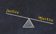 Chalk drawing of scales with words justice and injustice. Concept of balance