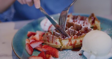 Poster - Waffle with ice cream and strawberry in coffee shop