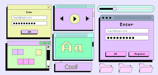 Set of flat retrowave UI and UX elements: dialog box, tab, button, modal window.