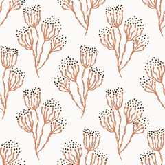 Wall Mural - Seamless minimalist doodle floral pattern background. Calm boho earthy tone color wallpaper. Simple modern scandi unisex flower design. Organic childish gender neutral baby all over print. Hand drawn.