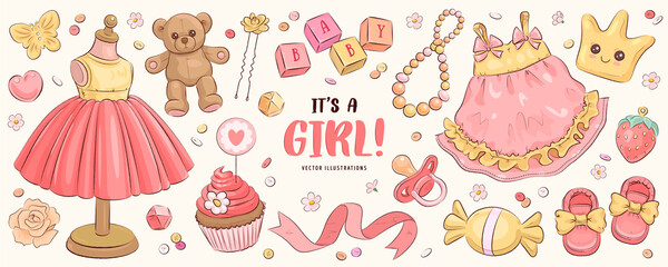hand drawn baby girl shower set. vector illustration of cute dress, shoes, teddy bear, beads and flo