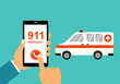 Hand holding smartphone and calling 911 emergency call for ambulance from hospital. Patient urgent need help or first aid assistance.