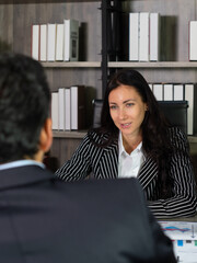 caucasian businesswoman who is manager interview new employee in office. business concept