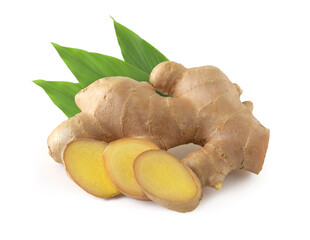 Fresh ginger root,sliced and green leaves isolated on white background.