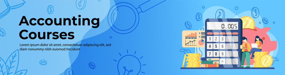 Accounting courses Web Banner Design. Student watching online courses with Big calculator and piggy bank. Online education, E-Learning and webinar header or footer banner.