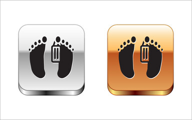 Sticker - Black Dead body with an identity tag attached in the feet in a morgue of a hospital icon isolated on white background. Silver-gold square button. Vector