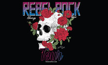 Rebel Skull Vector Print Design For T-shirt. Red Flower Rock Music Band Poster Design. 