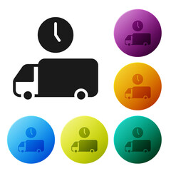 Canvas Print - Black Logistics delivery truck and time icon isolated on white background. Delivery time icon. Set icons in color circle buttons. Vector