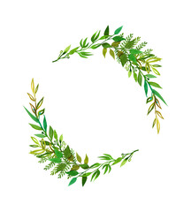 watercolor wreath of green spring branches and leaves