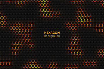 Sticker - Tech hexagonal vector background. Yellow bright energy blinks under the hexagon in dark tech modern futuristic illustration. Black grid honeycomb texture.