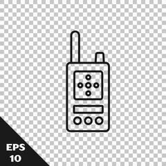 Poster - Black line Walkie talkie icon isolated on transparent background. Portable radio transmitter icon. Radio transceiver sign. Vector