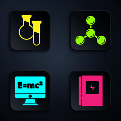 Sticker - Set Electrical panel, Test tube and flask, Equation solution and Molecule. Black square button. Vector