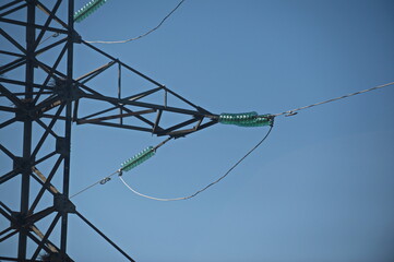 Nur-Sultan, Kazakhstan - 05.28.2015 : High-voltage power lines with insulators, stabilizers and transformers.