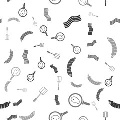 Set Bacon stripe, Steak meat in frying pan, Sausage and Spatula on seamless pattern. Vector