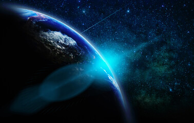 part of earth with sun rise and lens flare over the milky way background, internet network concept, 