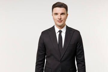 Young serious caucasian successful employee business corporate lawyer man 20s wear classic formal black grey suit shirt tie work in office isolated on white background studio portrait. Career concept.