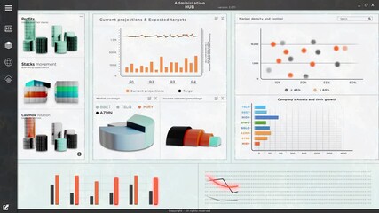 Statistics business sales app software with financial charts, graphs internet network website tech data. Marketing application processing company data, modern corporate economy 3D render animation