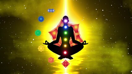 Wall Mural - Meditation silhouette balancing energy with chakra symbols