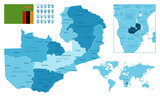 Fototapeta  - Zambia detailed administrative blue map with country flag and location on the world map.