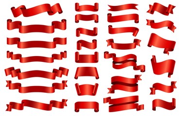 Wall Mural - Red silk ribbon banners. 3d curved and spiral glossy ribbons for congratulation, opening, gift or festive. Satin decorative band vector set