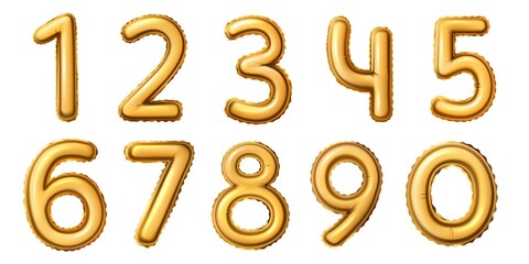 Golden number balloons. Realistic numeral alphabeth for birthday, anniversary or new year celebration. Gold foil balloon 0 to 9 vector set