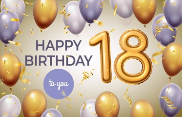 Birthday poster with golden number. Celebration 18th years with foil gold numerical balloons. Anniversary age greeting party vector banner